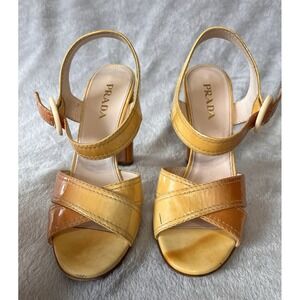 PRADA Ombre Patent Sandals Block Heels SZ 38 Yellow Orange